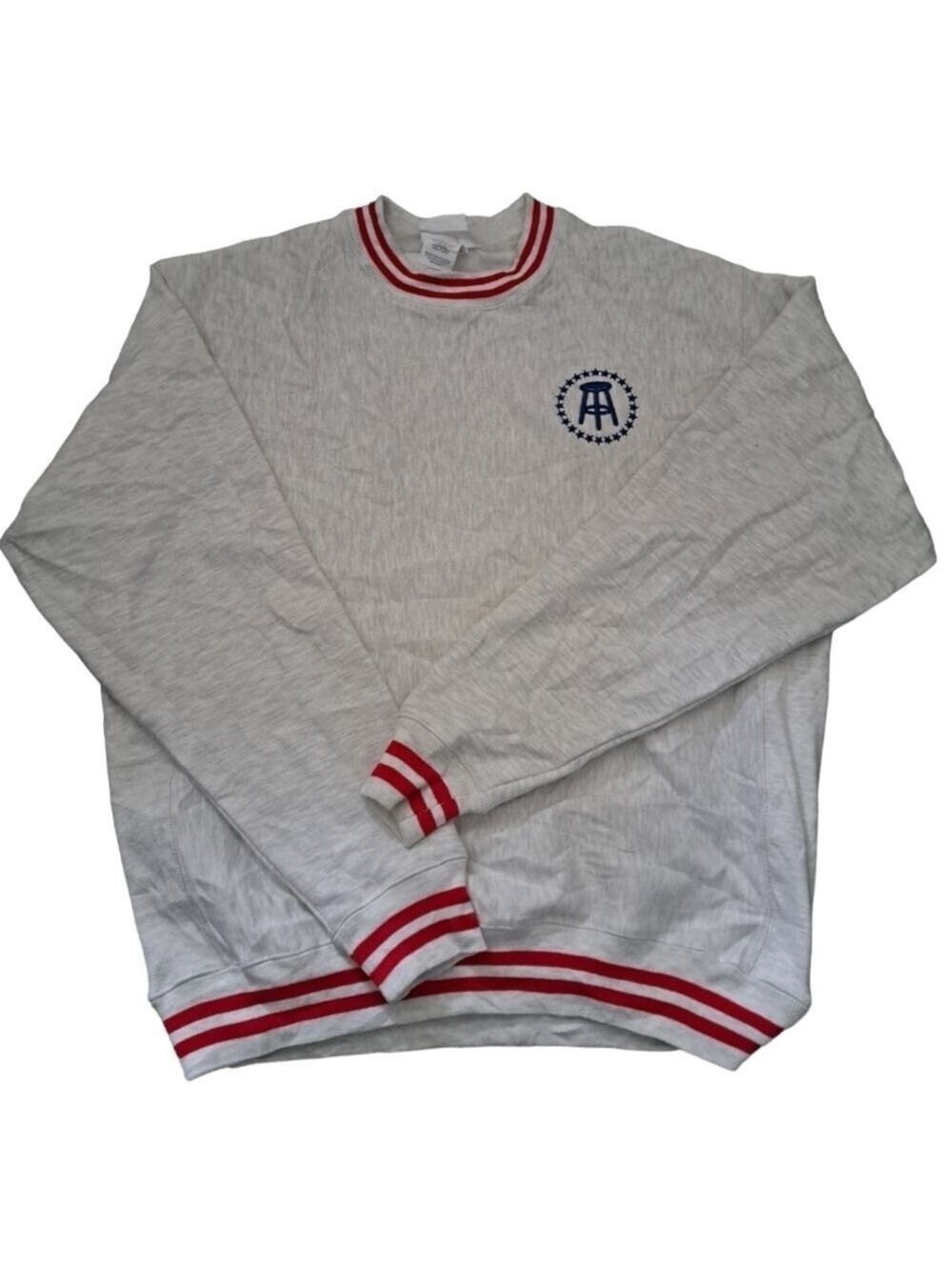 VTG CHAMPION REVERSEWEAVE BARSTOOL sweatshirt light grey stripe trim sweater LG